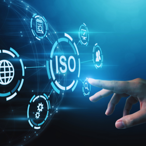 Cyber Pulse (34) Hand interacting with a digital ISO 27001 graphic symbolising information security compliance.