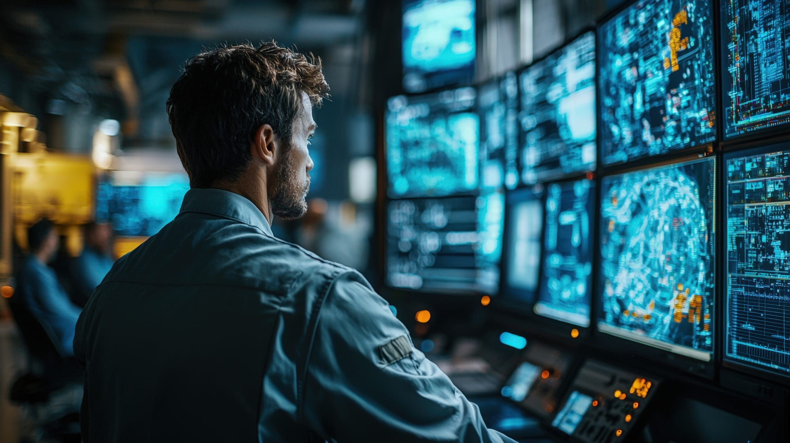 Security operations centre monitoring – Managed Detection and Response (MDR) services Australia Cyber security analyst monitoring multiple screens in a security operations centre delivering managed detection and response services in Australia.