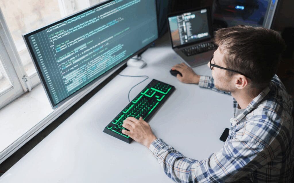 Cybersecurity professional conducting penetration testing to ensure compliance with Australian standards like Essential Eight and ISO 27001.