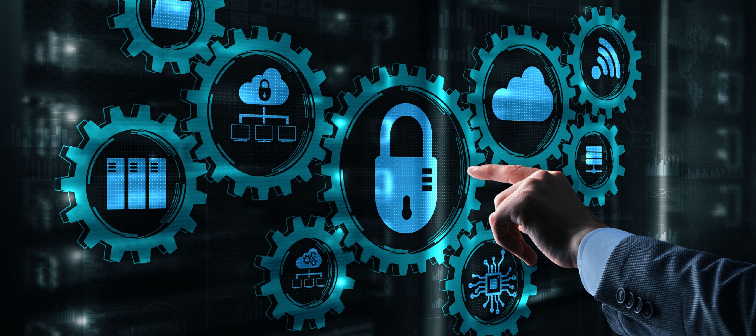 Cybersecurity concept showing digital lock and cloud icons representing Essential 8 controls and data protection.”