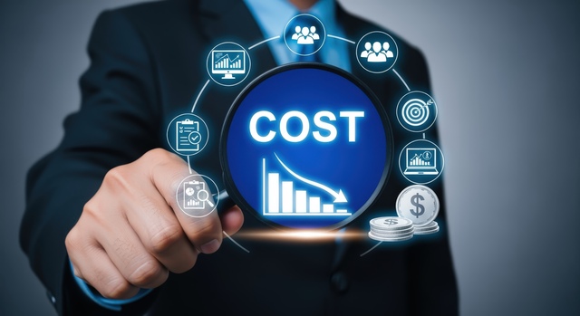 SOC 2 Audit Cost Breakdown and Budget Planning Business professional pointing at a digital graphic showing cost reduction and financial metrics, representing SOC 2 audit cost analysis.