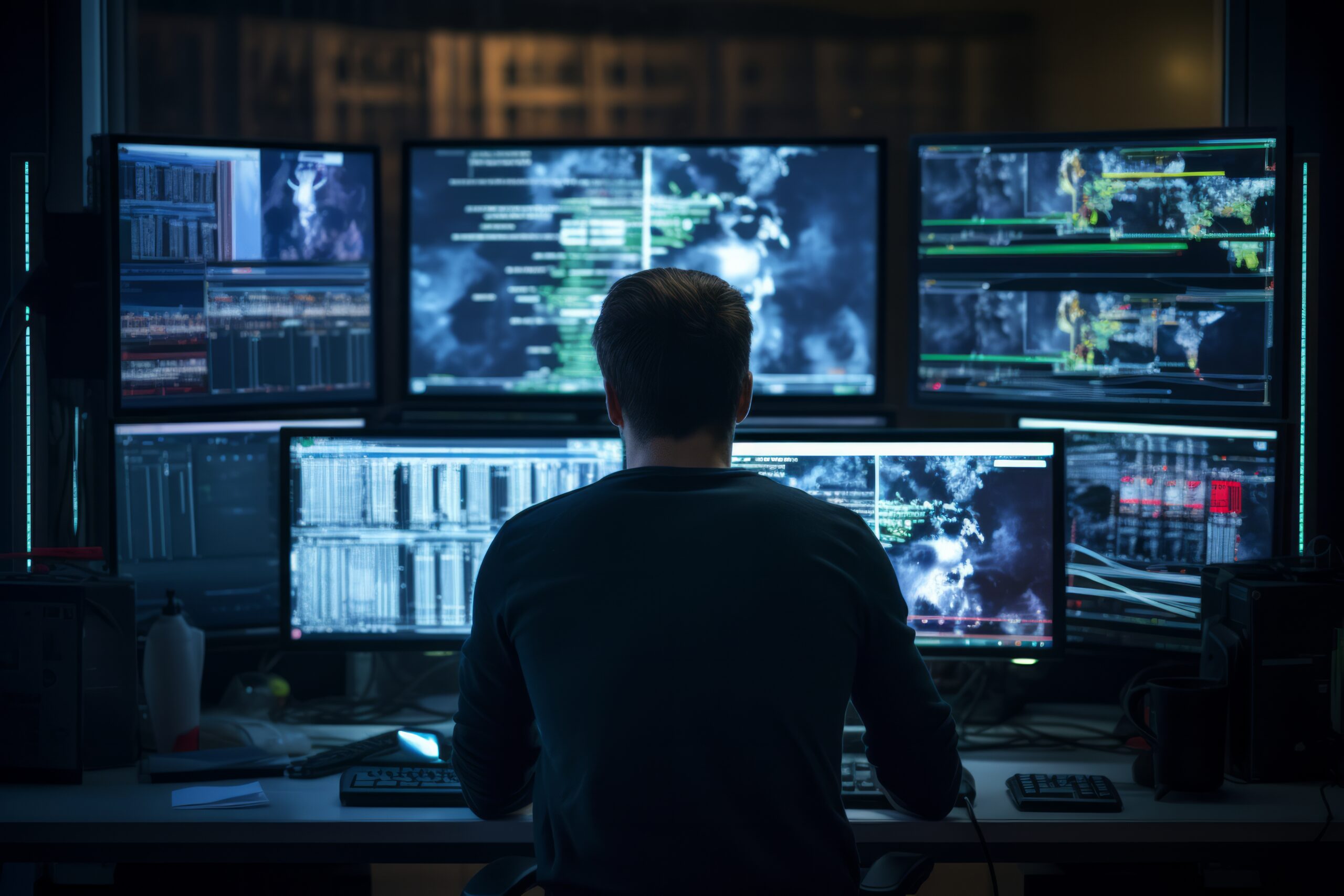 Security analyst monitoring multiple dashboards as part of a managed detection and response MDR service