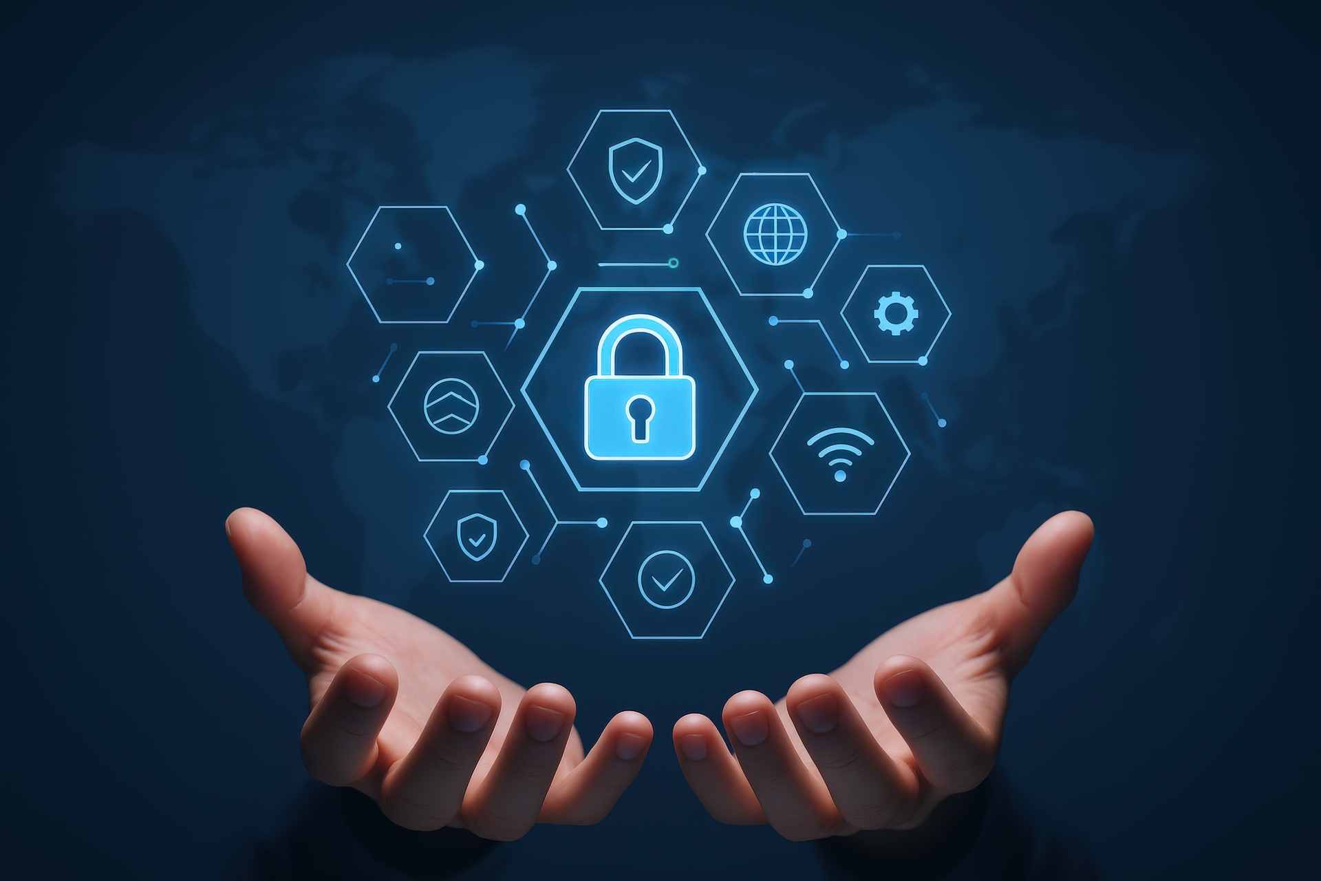SOC 2 Audit and Security Controls Visual Digital padlock icon surrounded by cybersecurity symbols above a person’s hands, representing trust, security controls, and the structured process behind SOC 2 compliance audits.