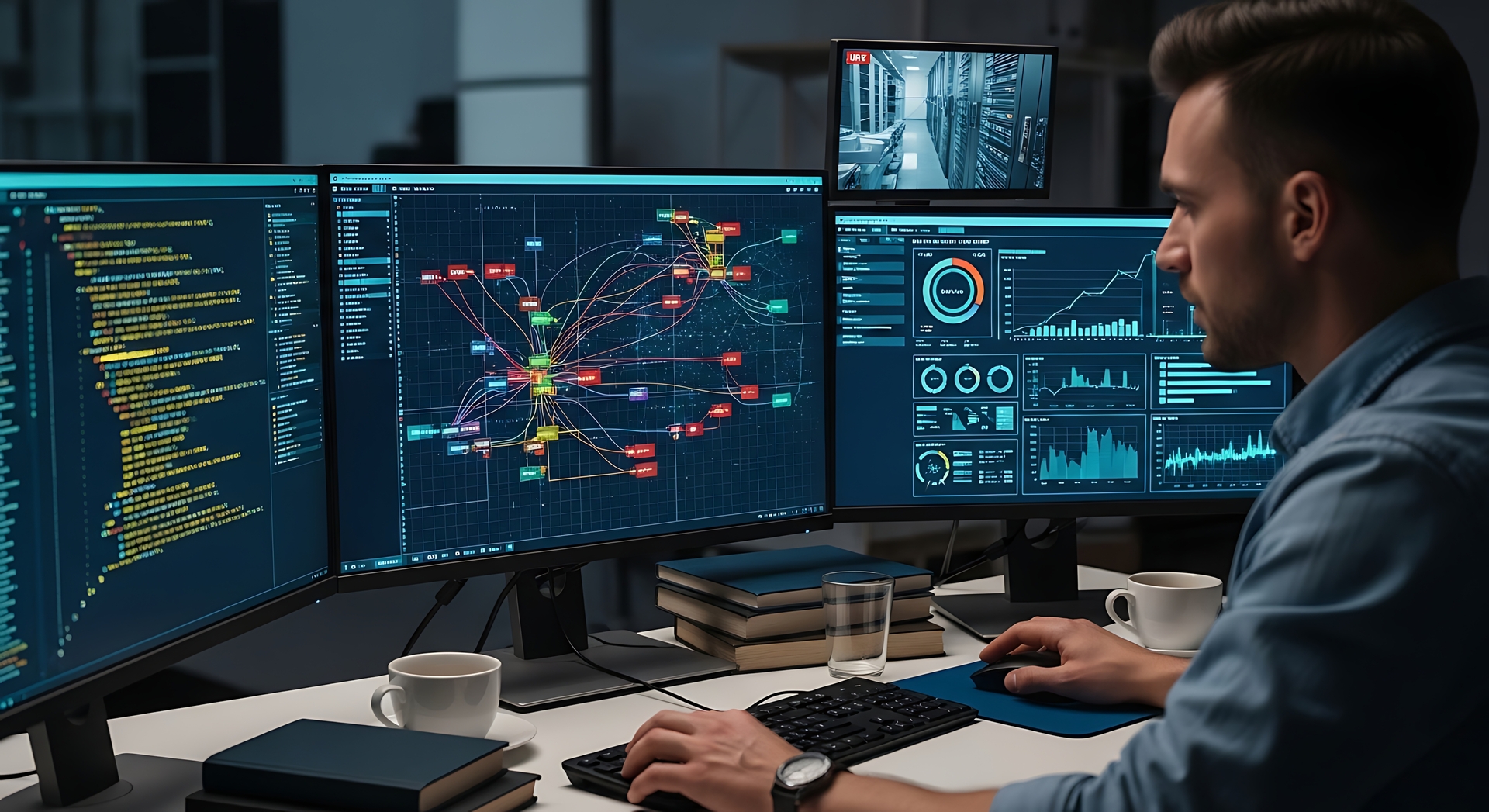 Cybersecurity analyst reviewing threat intelligence dashboards across multiple monitors, visualising network activity, alerts, and performance metrics, representing the operational value and ROI of Managed Detection and Response services.