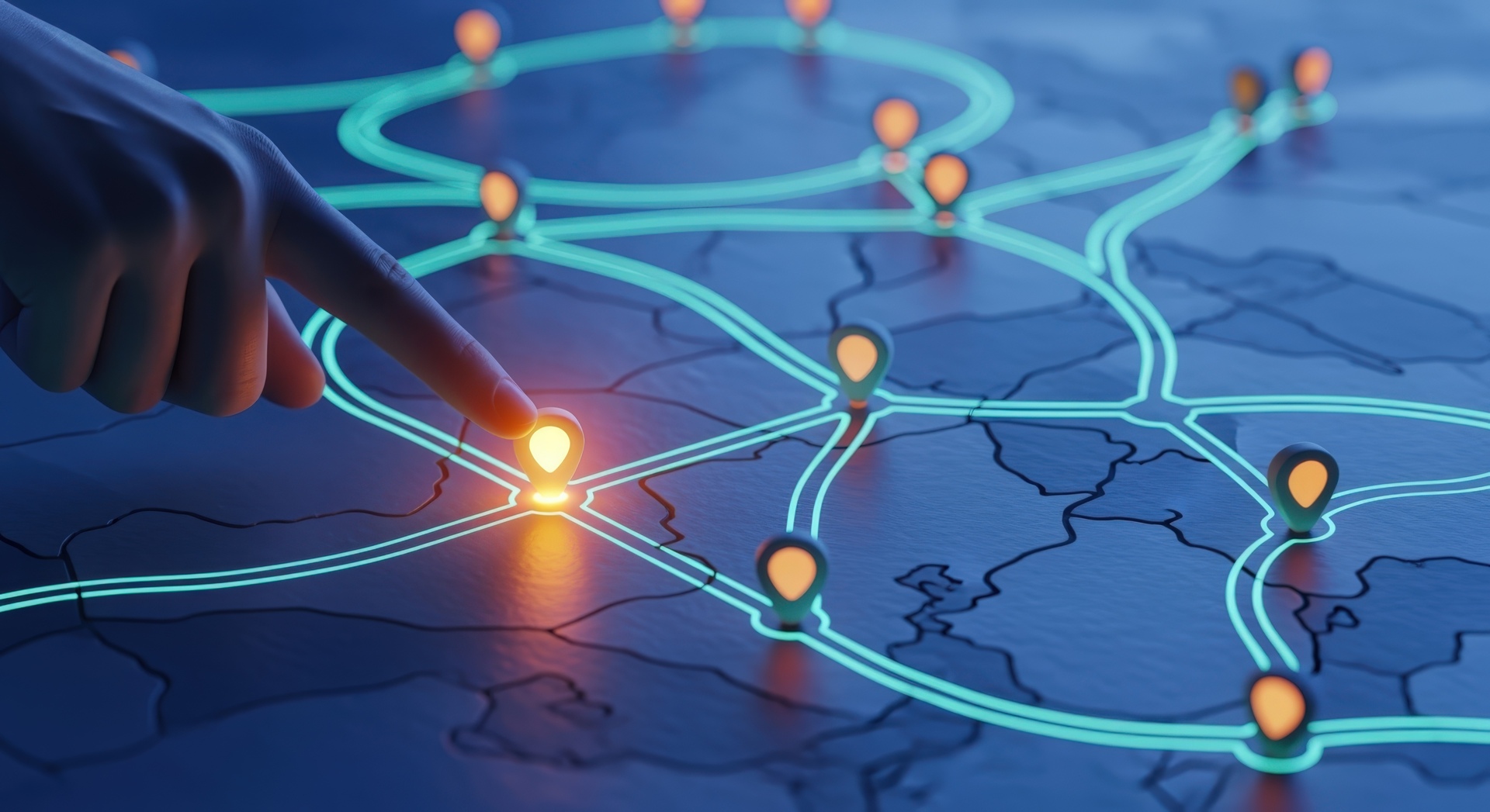 Hand selecting a highlighted point on a connected network map, illustrating a cybersecurity roadmap and prioritised security initiatives