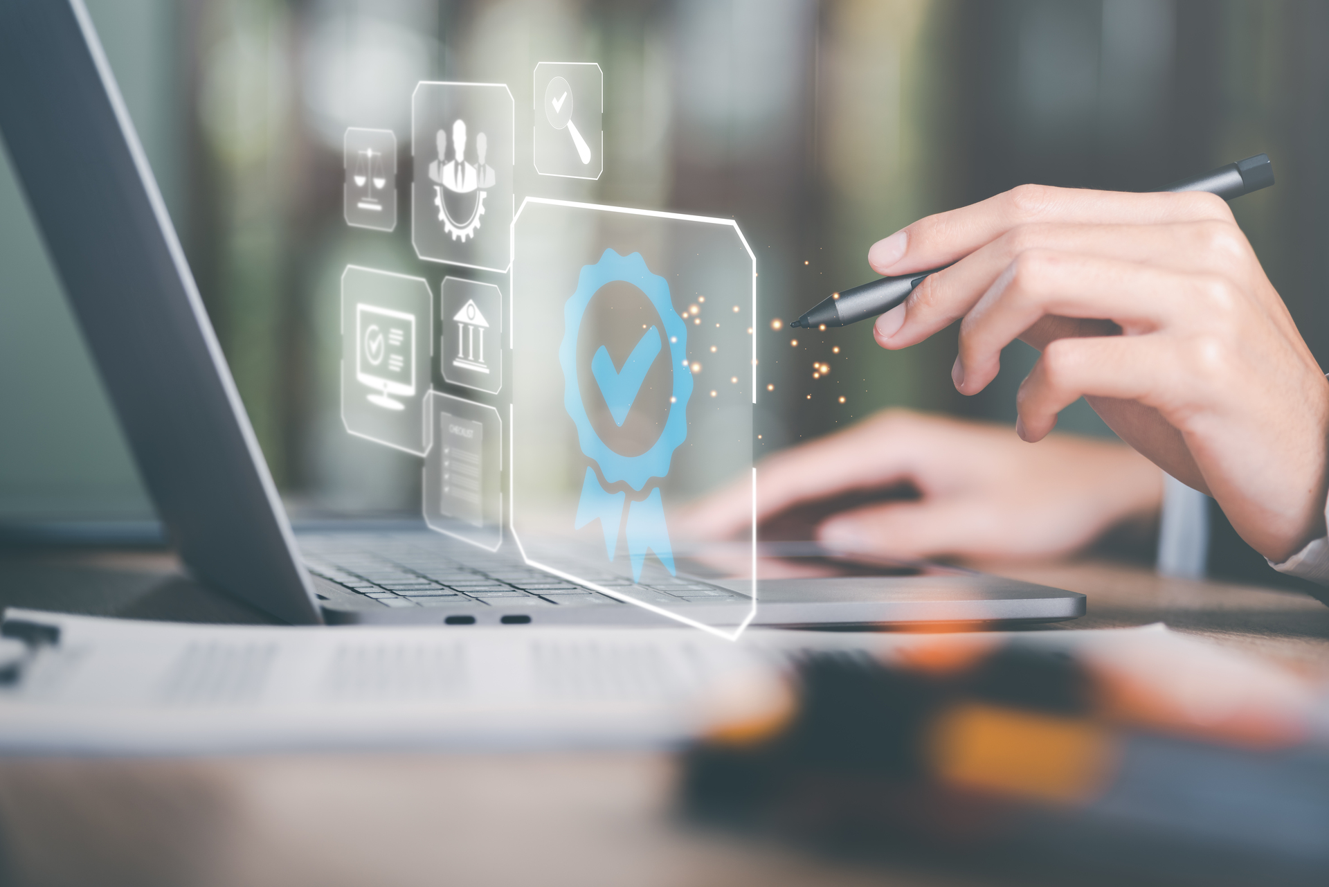 SOC 2 certification and compliance assurance concept showing audit verification on a laptop