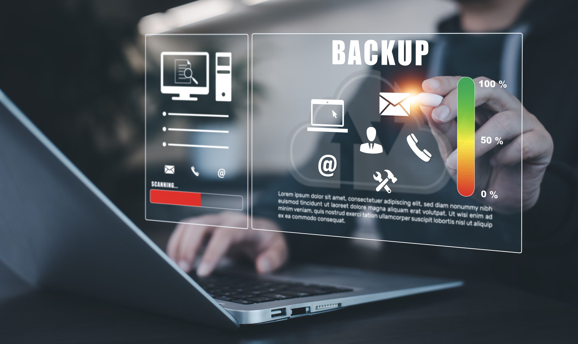 Backup and recovery solutions showing businessman using laptop with backup progress interface and data storage icons