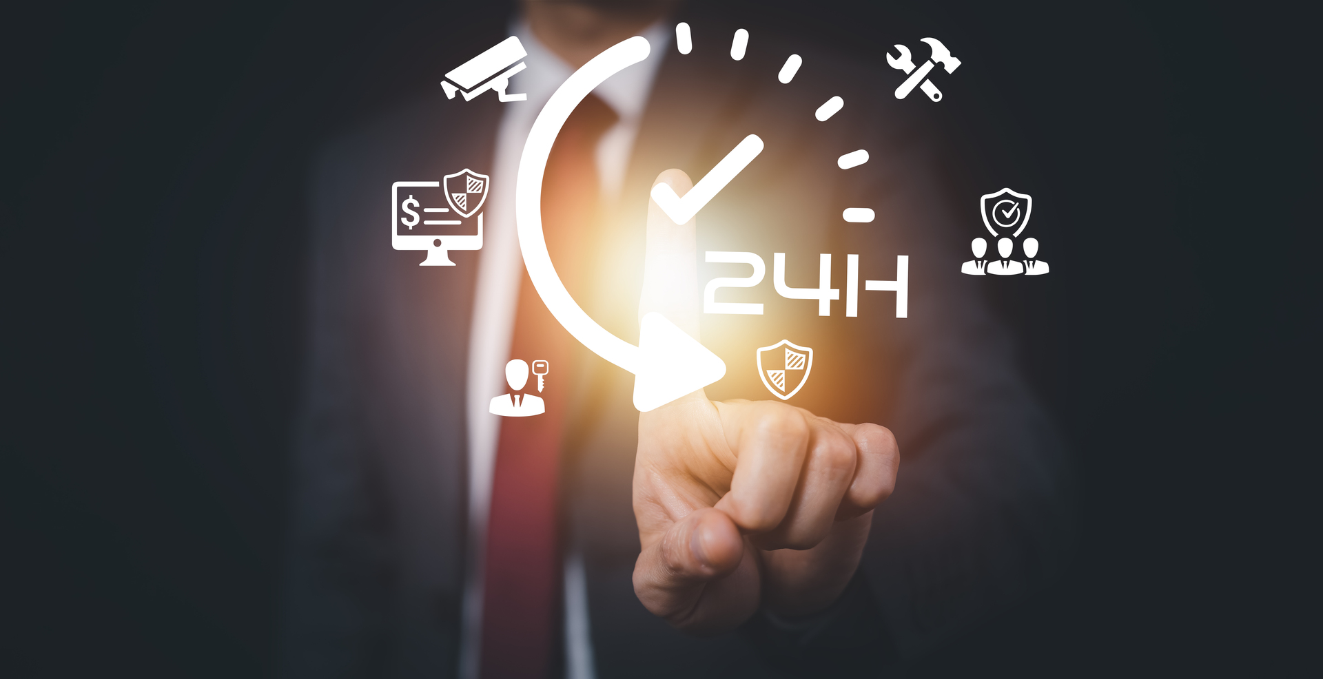 Business professional interacting with 24/7 managed security service provider monitoring and cyber protection icons