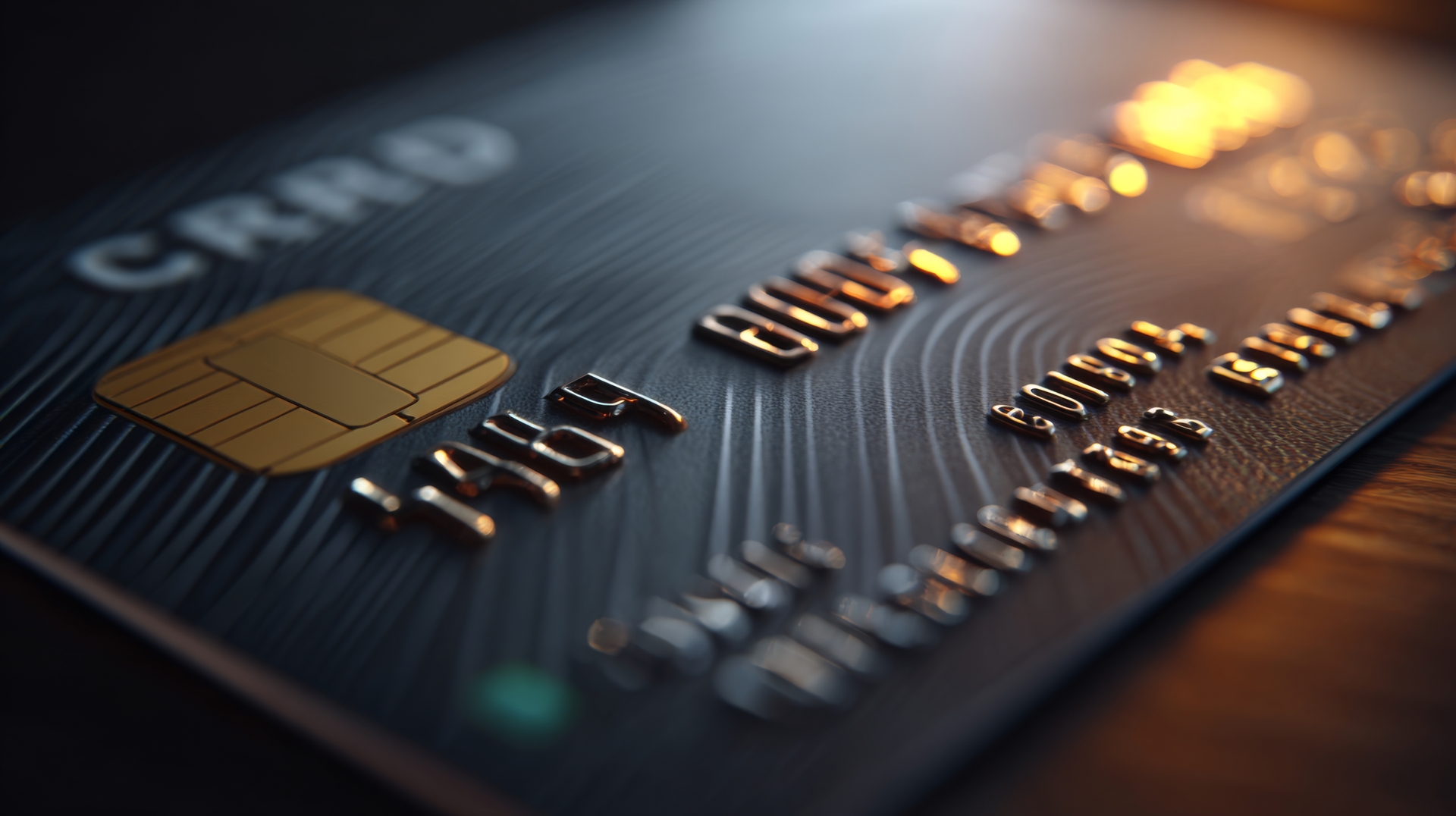Close-up of credit card chip and embossed numbers representing PCI DSS compliance and payment card data security