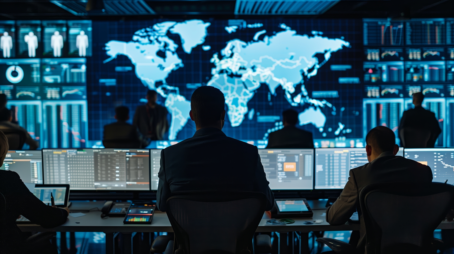 Security analysts monitoring threats in a security operations centre providing SOC services