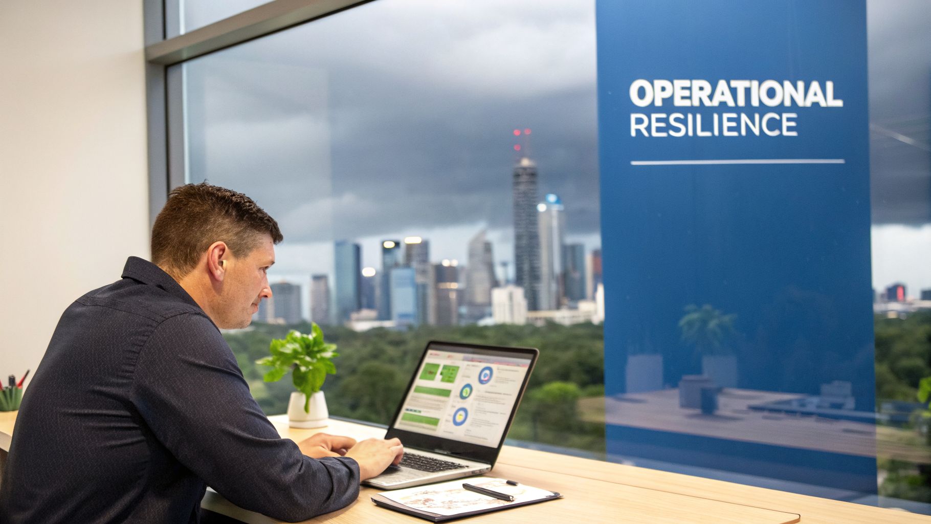 Man working on laptop by window with city view, focusing on operational resilience.