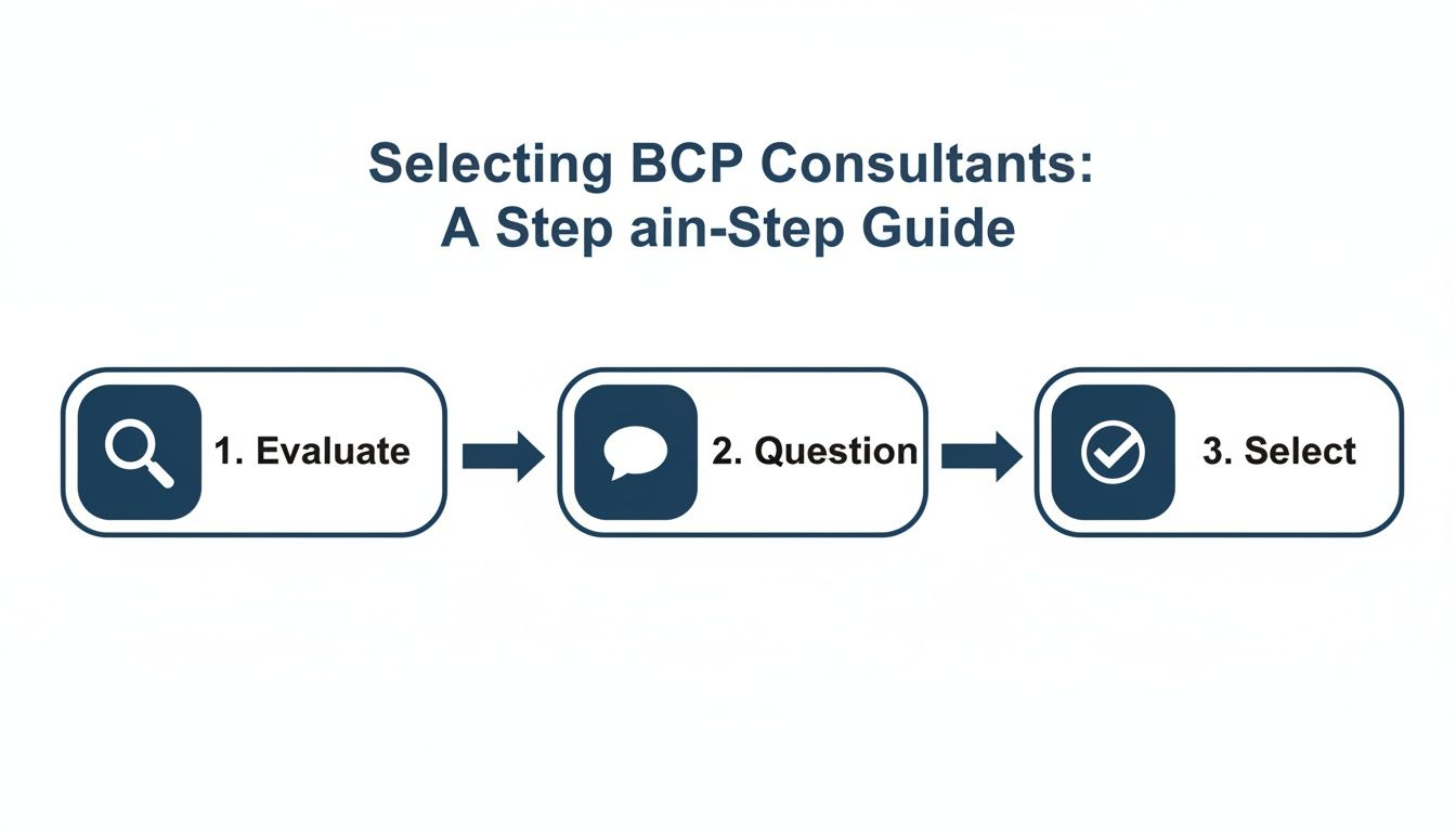 A three-step process diagram illustrating how to select BCP consultants: evaluate, question, and select.