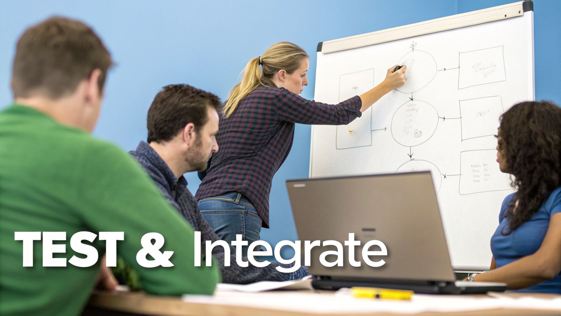 A team of professionals collaborates on a process diagram during a business continuity planning meeting.