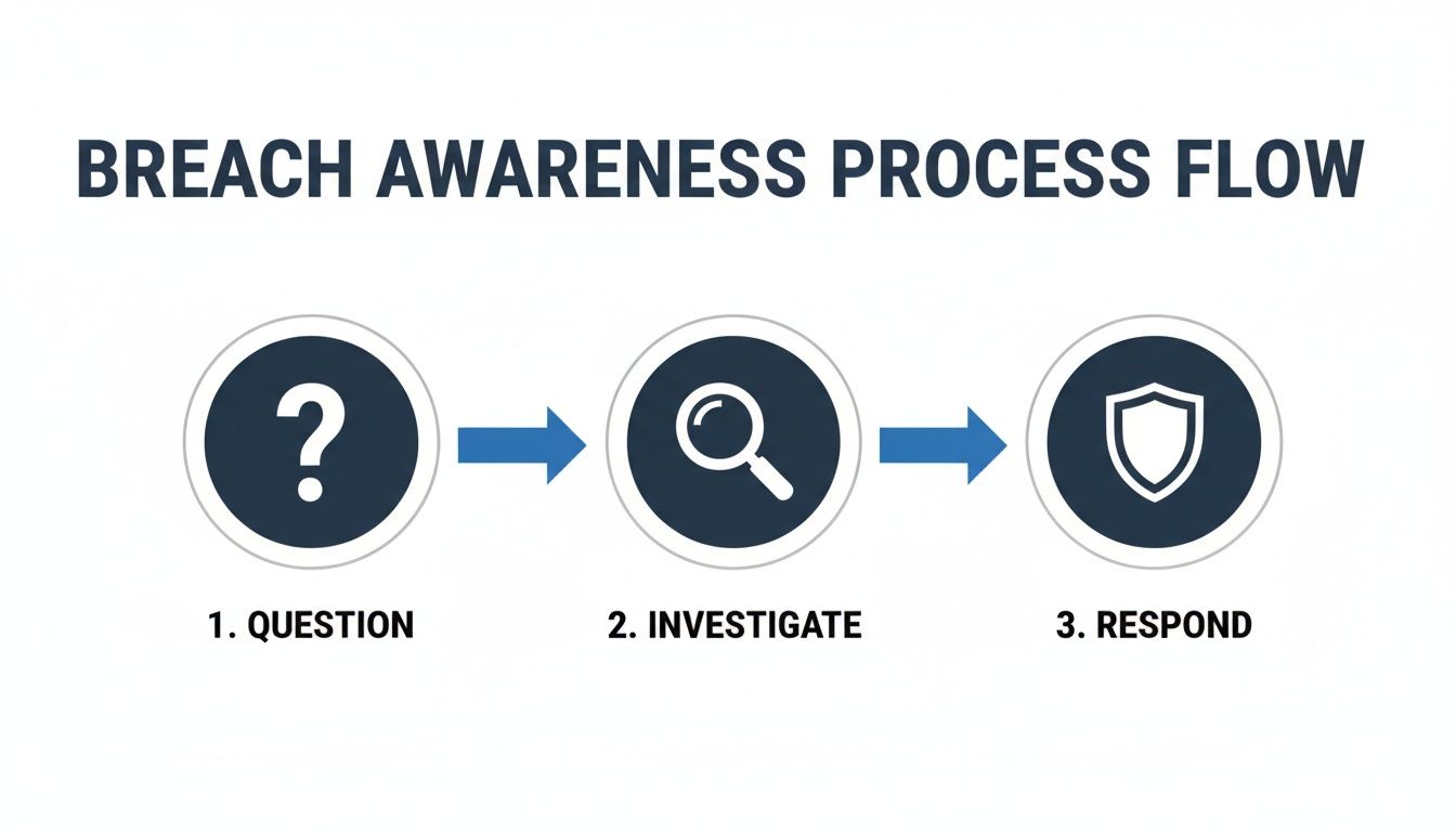 Breach awareness process flow diagram detailing steps: question, investigate, and respond with icons.