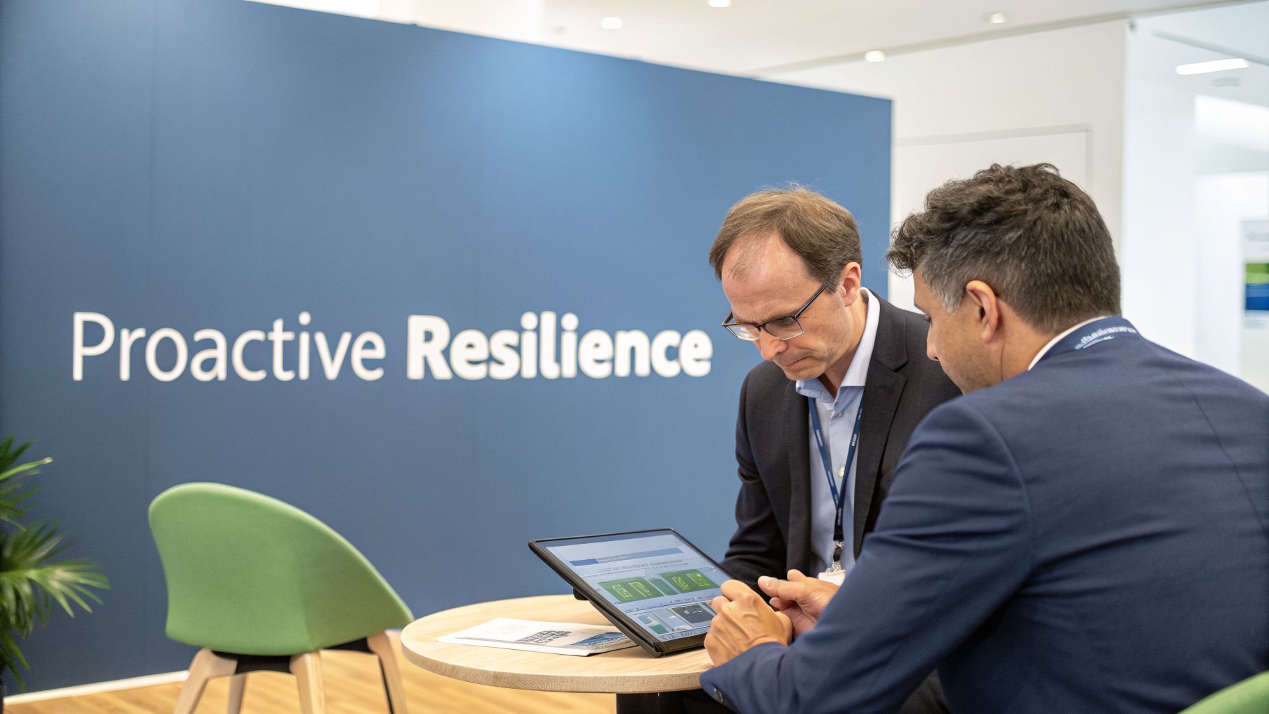 Two businessmen are intently looking at a tablet screen during a meeting with 'Proactive Resilience' text in the background.