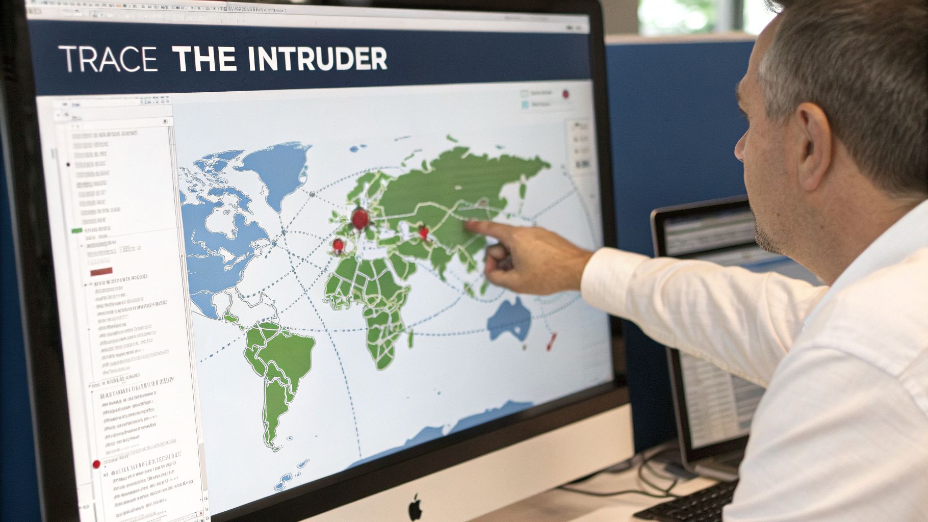 A man points at a large computer screen showing a world map tracking a cybersecurity intrusion.