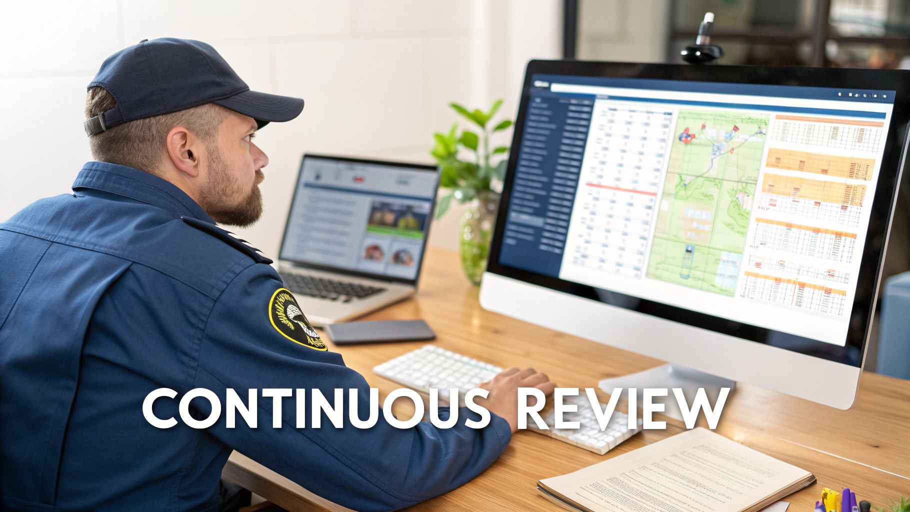 Man in uniform and cap reviewing data and maps on multiple computer screens at a desk.