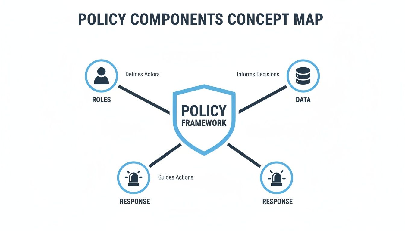 Concept map illustrates policy framework components: Roles define actors, Data informs decisions, Response guides actions.