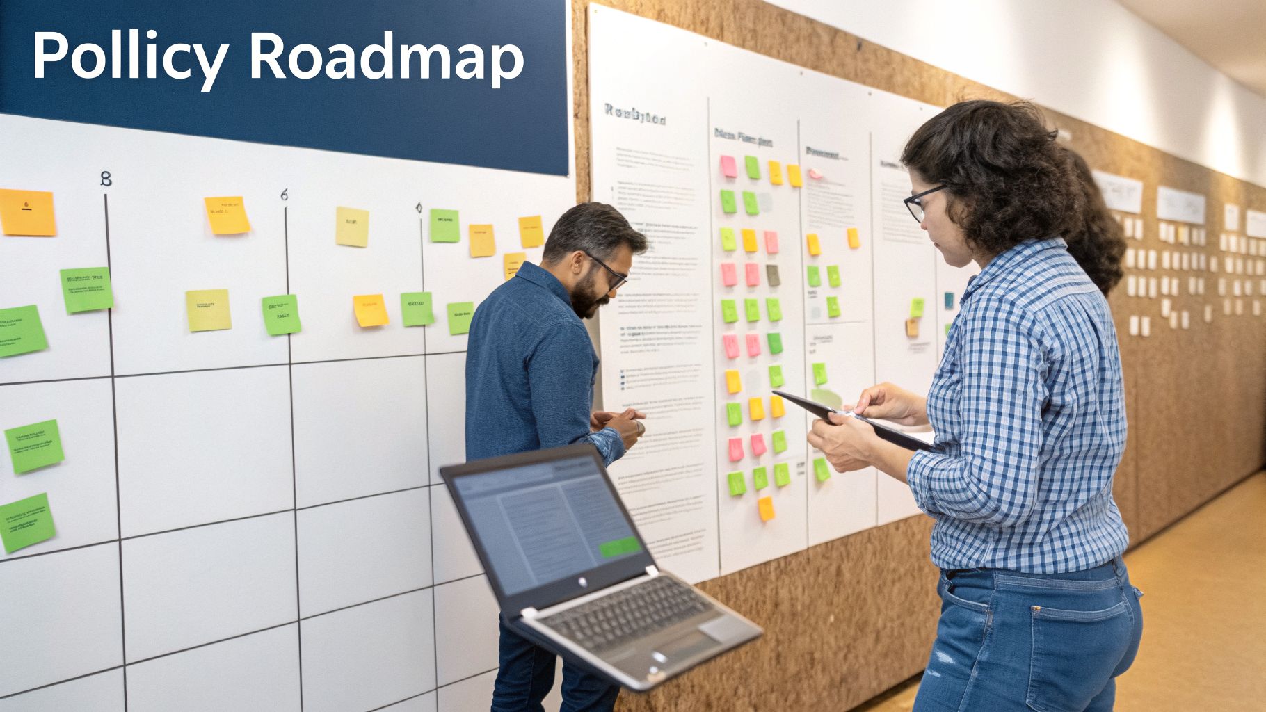 Two professionals review a policy roadmap on a whiteboard with many colorful sticky notes and a laptop.