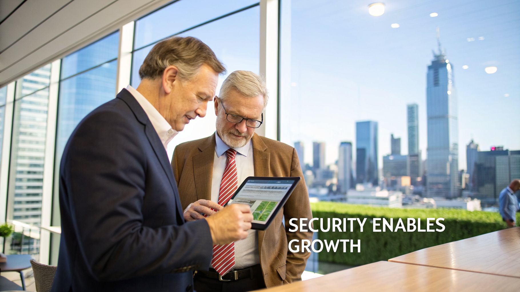 Two businessmen discuss security strategies on a tablet in a modern office overlooking a city.
