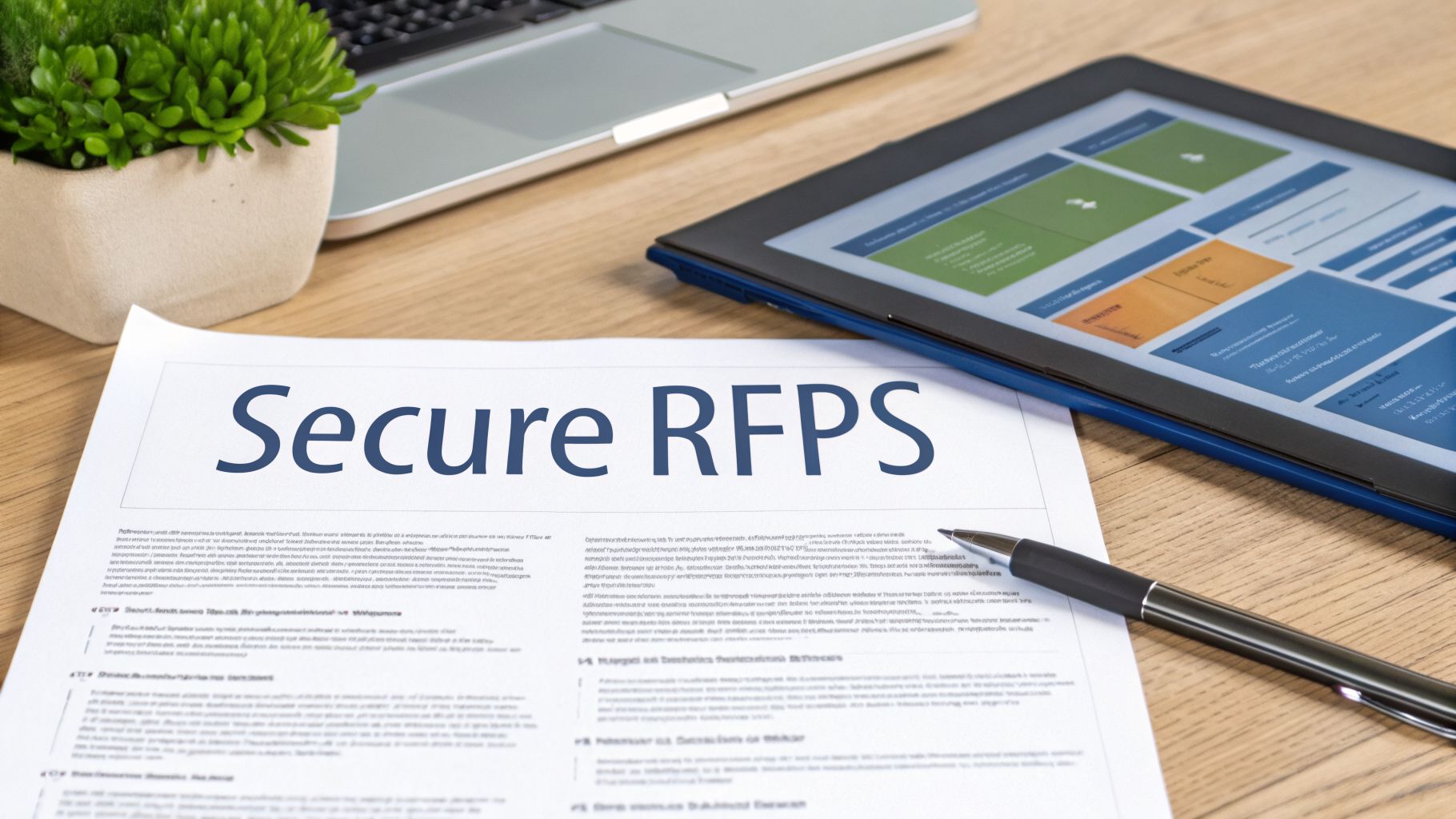 A document titled 'Secure RFPS' with a pen, a tablet, and a laptop on a wooden desk.