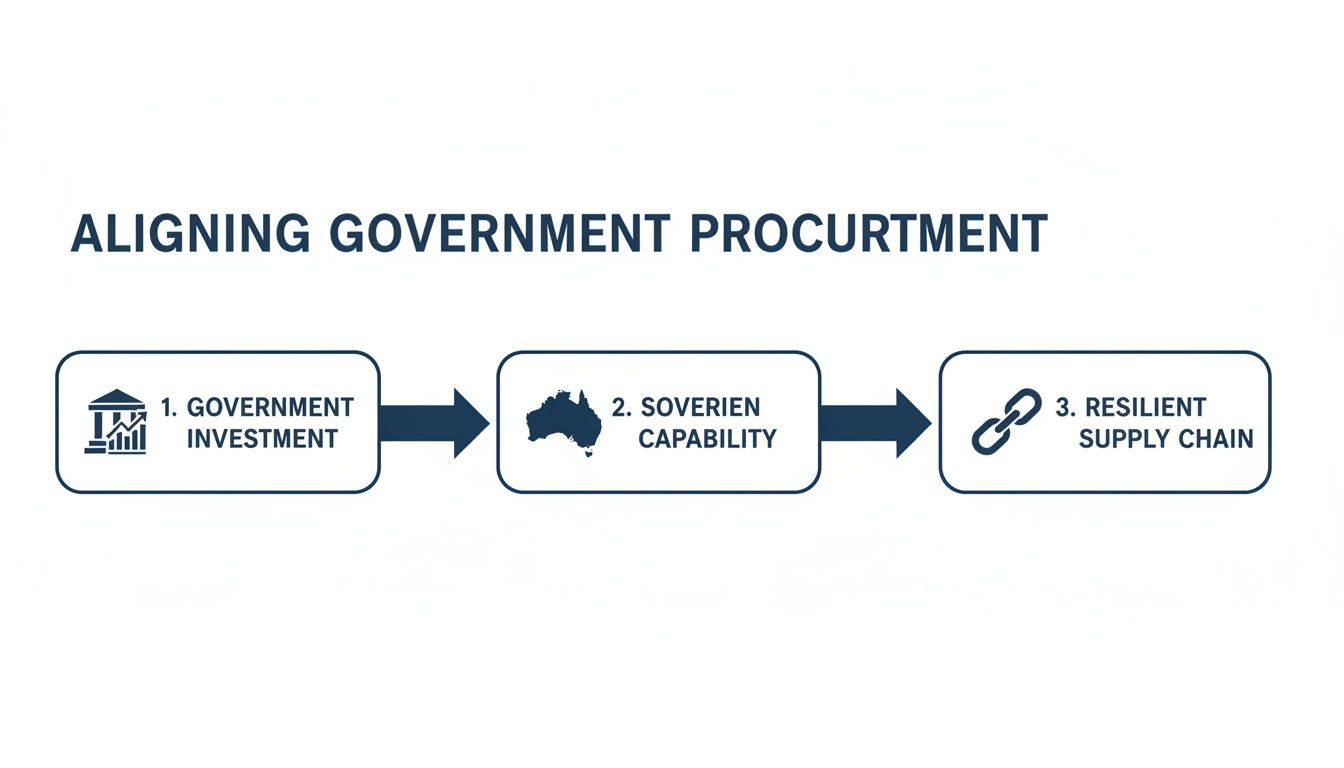 A diagram illustrating the alignment of government procurement through investment, sovereign capability, and resilient supply chains.