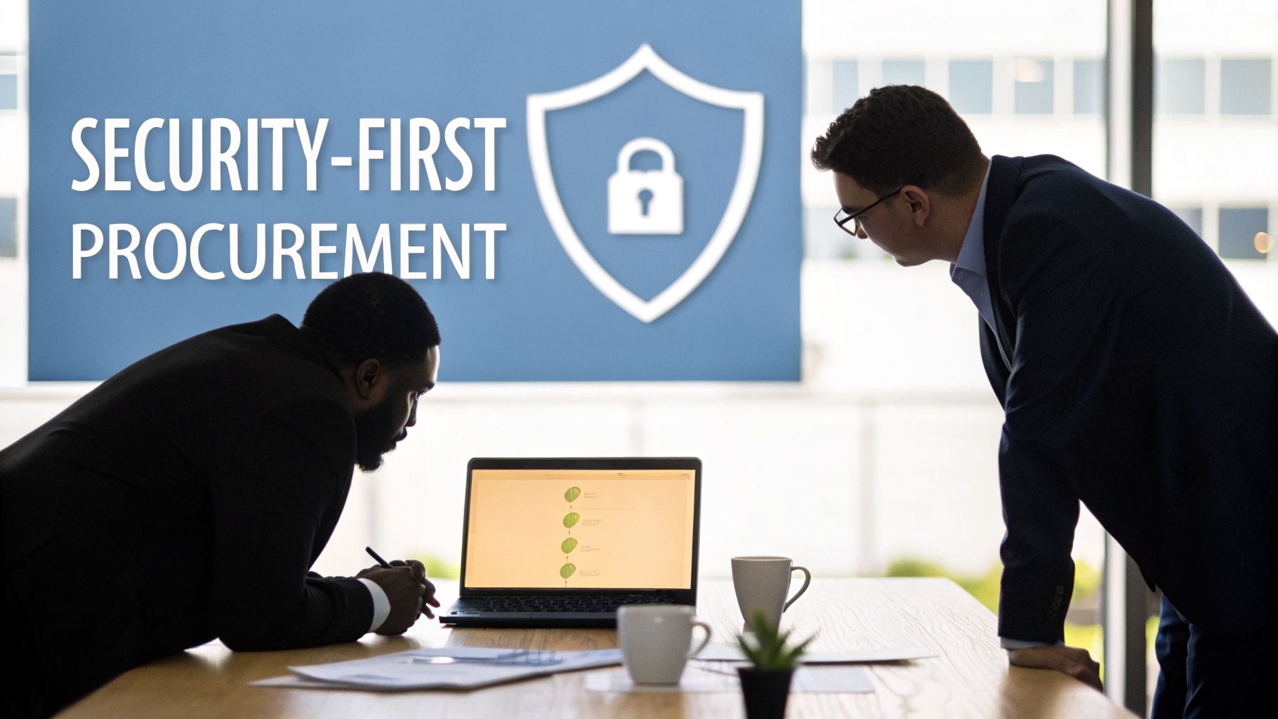 Two businessmen discussing security-first procurement, looking at a laptop with workflow diagrams.
