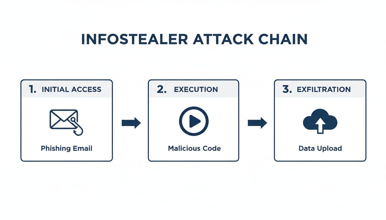 Diagram illustrating an infostealer attack chain with steps: phishing email, malicious code execution, and data exfiltration.