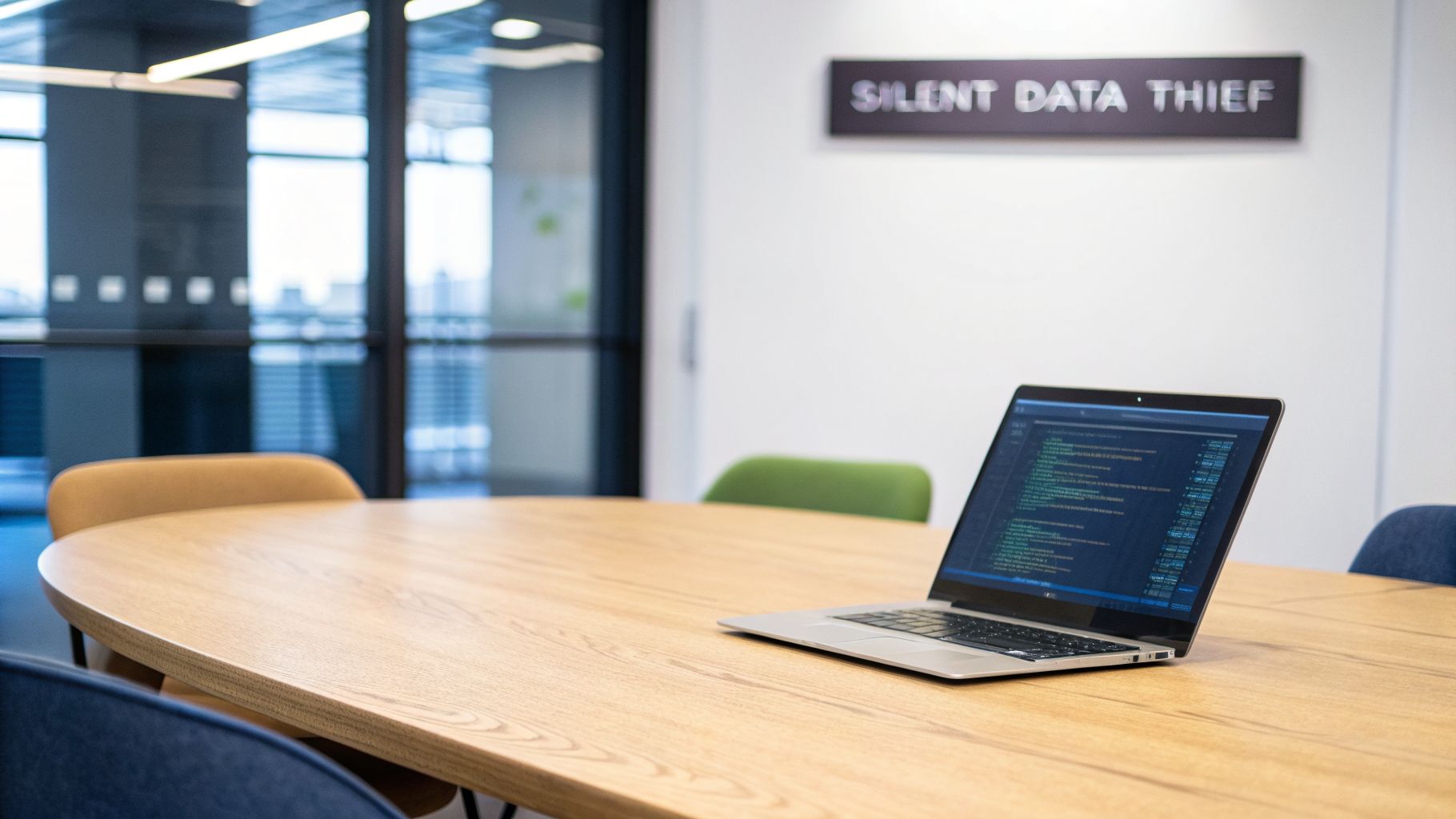 A laptop with code on its screen rests on a conference table under a 'SILENT DATA THIEF' sign.