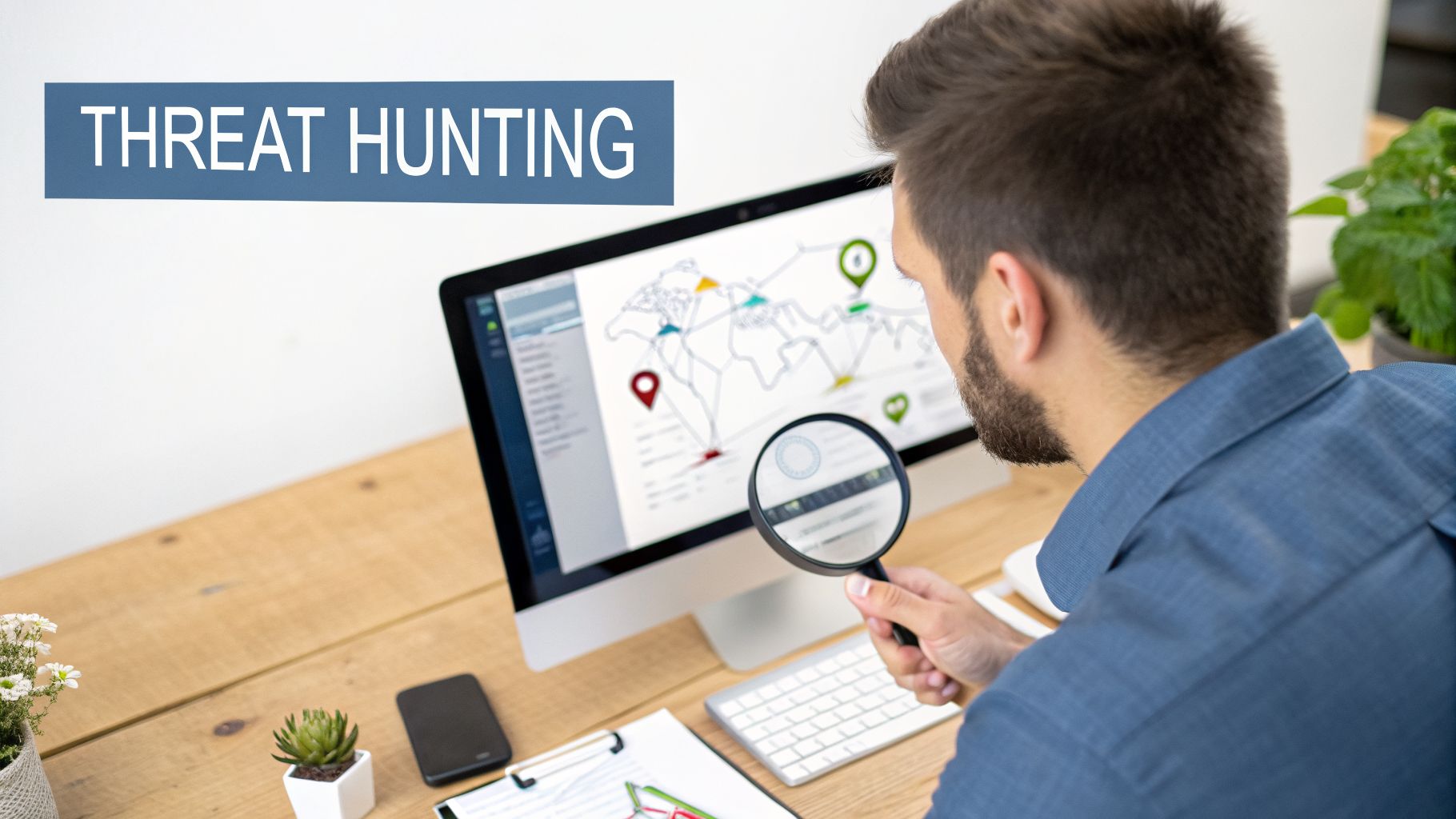 Man performing threat hunting, analyzing data on a computer screen using a magnifying glass.