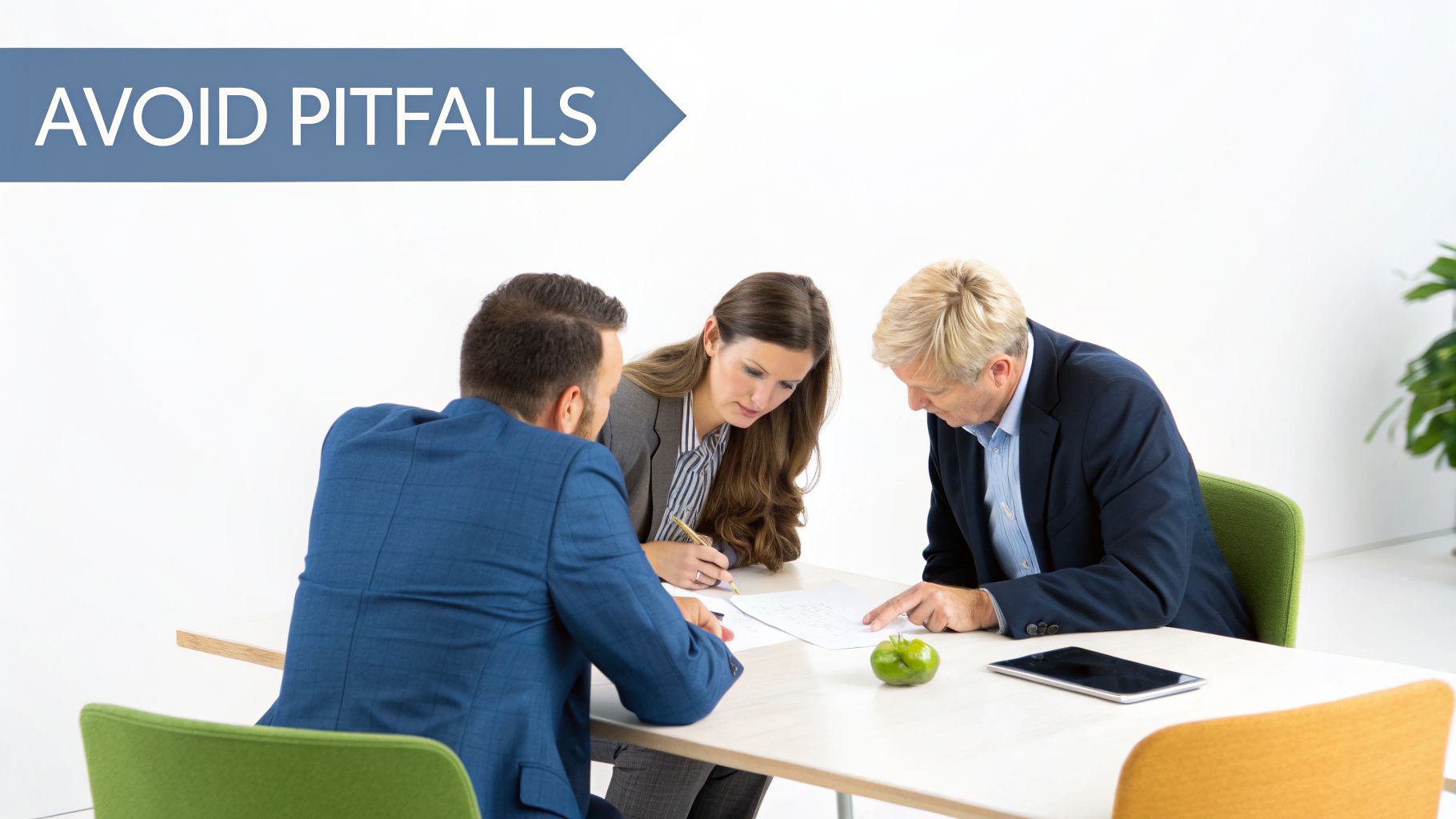 Three business professionals discuss documents at a table, with a banner stating "AVOID PITFALLS" prominently displayed.