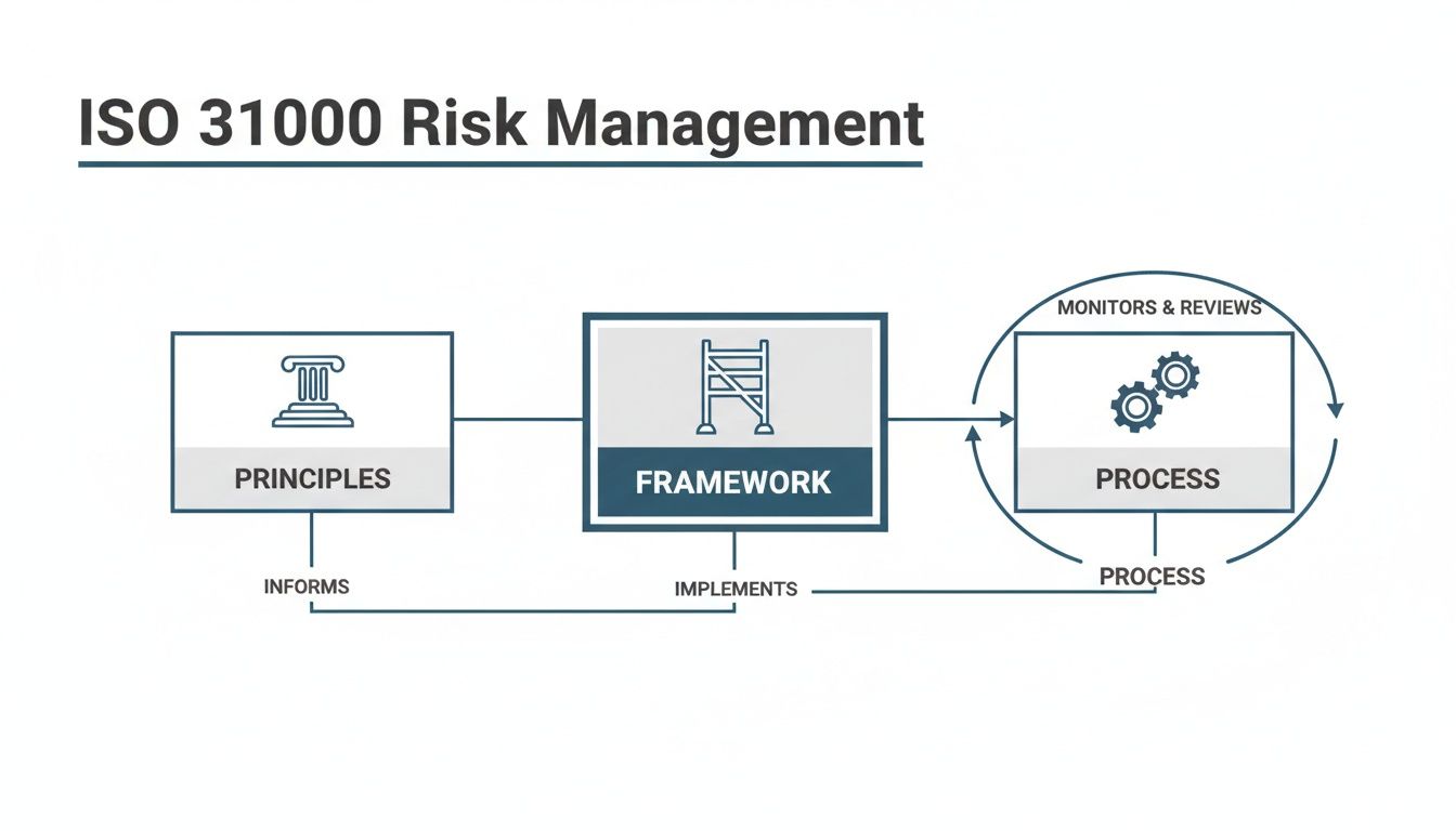 A diagram illustrating the ISO 31000 Risk Management model with principles, framework, and process components.