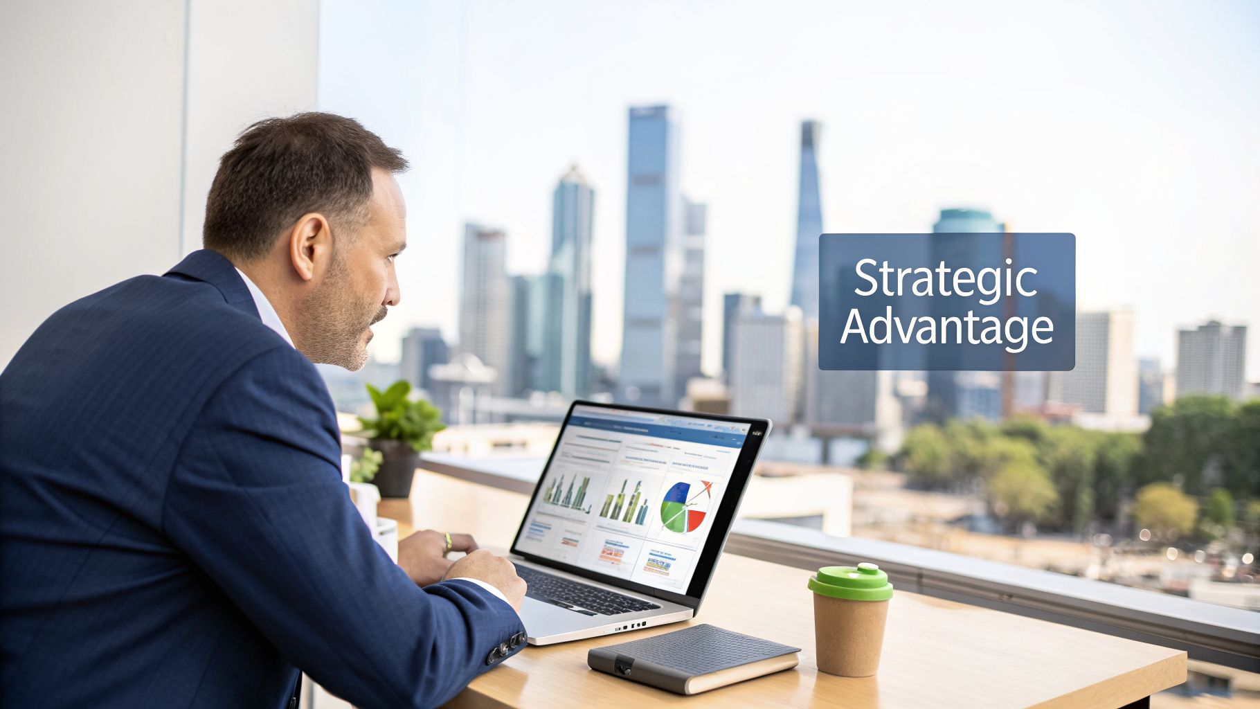 A man in a suit working on a laptop displaying data visualizations, with a city skyline and "Strategic Advantage" text.