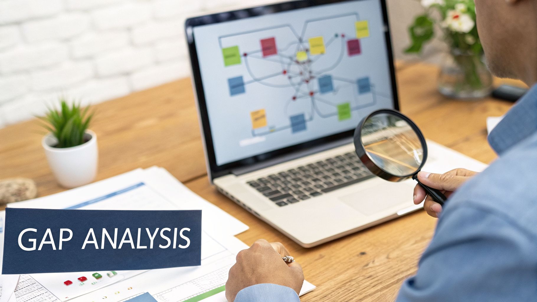 A person conducts a gap analysis, examining a diagram on a laptop screen with a magnifying glass.
