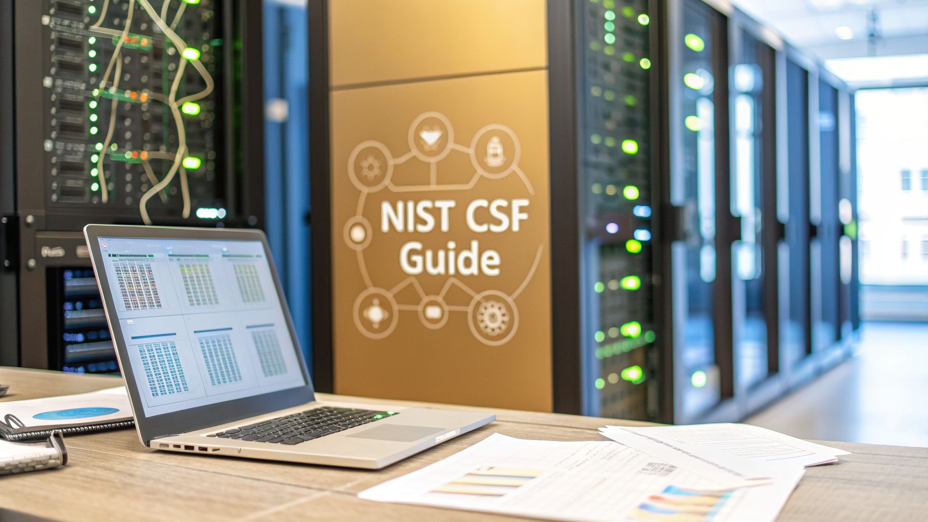 NIST Cybersecurity Framework implementation guide displayed on a laptop in a server room