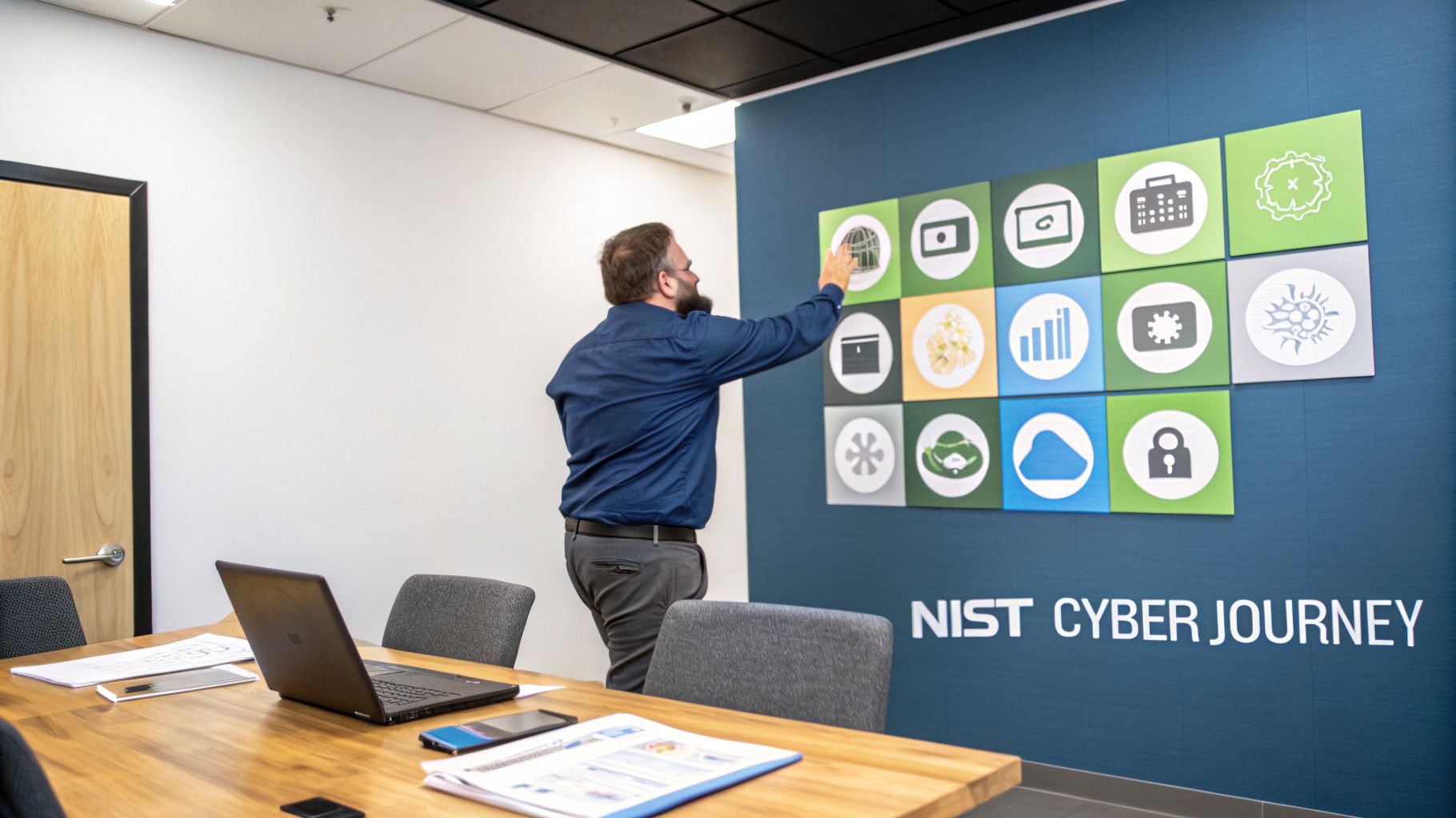 Man interacts with a colorful interactive NIST Cyber Journey wall display in a modern office.