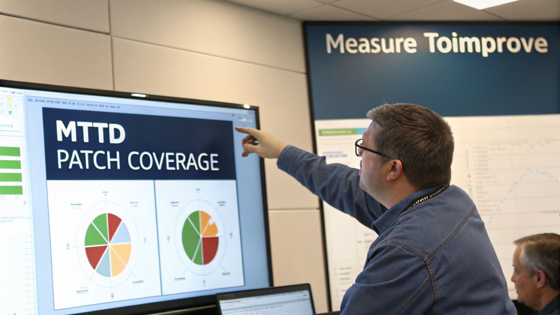A man in glasses points at a monitor displaying 'MTTD PATCH COVERAGE' and pie charts.