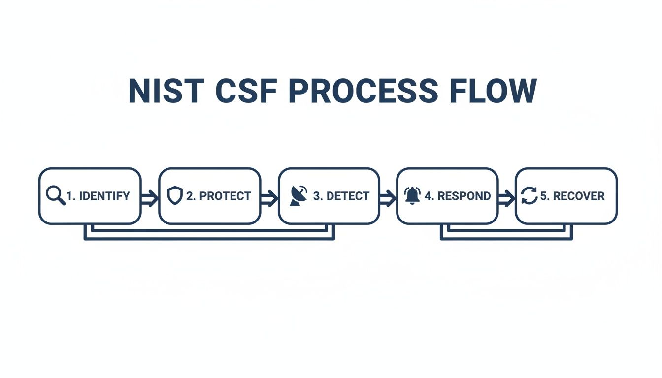 NIST Cybersecurity Framework process flow illustrating five core functions: Identify, Protect, Detect, Respond, Recover.