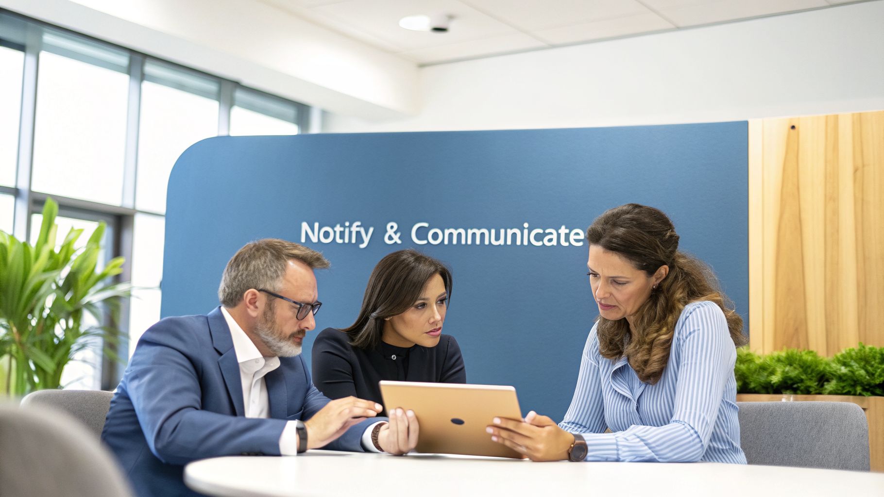 Three business professionals, two women and one man, discuss content on a tablet during an office meeting.