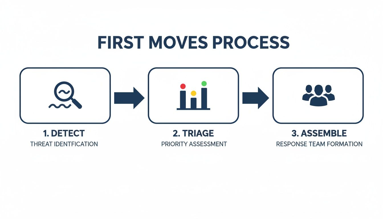 Diagram illustrating the 'First Moves Process' for incident response: Detect, Triage, and Assemble steps.