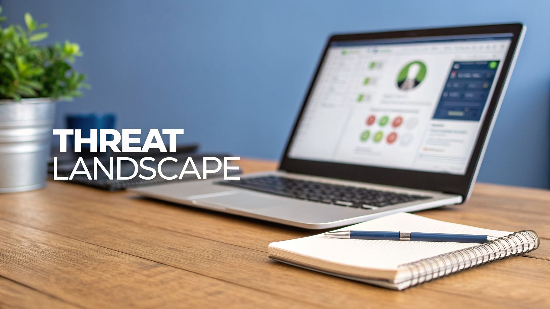 A laptop displaying a security dashboard on a wooden desk, with overlaid text 'THREAT LANDSCAPE'.