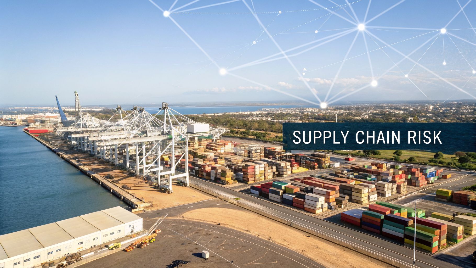 Aerial view of a bustling container port with cranes and shipping containers, featuring 'SUPPLY CHAIN RISK' text.