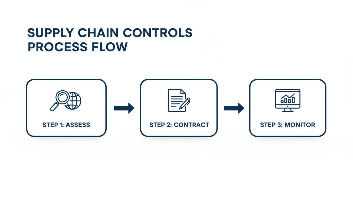 A process flow diagram illustrating three steps for supply chain controls: assess, contract, and monitor.