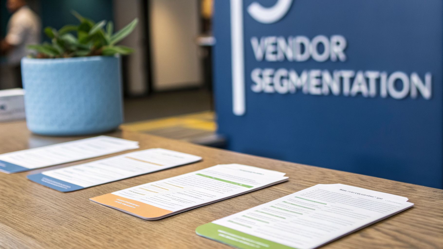 Brochures on a wooden table with a plant and a 'Vendor Segmentation' sign in a business setting.