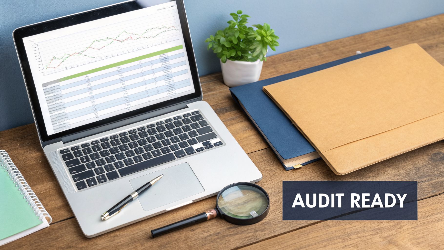 A laptop displays financial charts and data on a wooden desk with files, a pen, and a magnifying glass, signifying audit readiness.