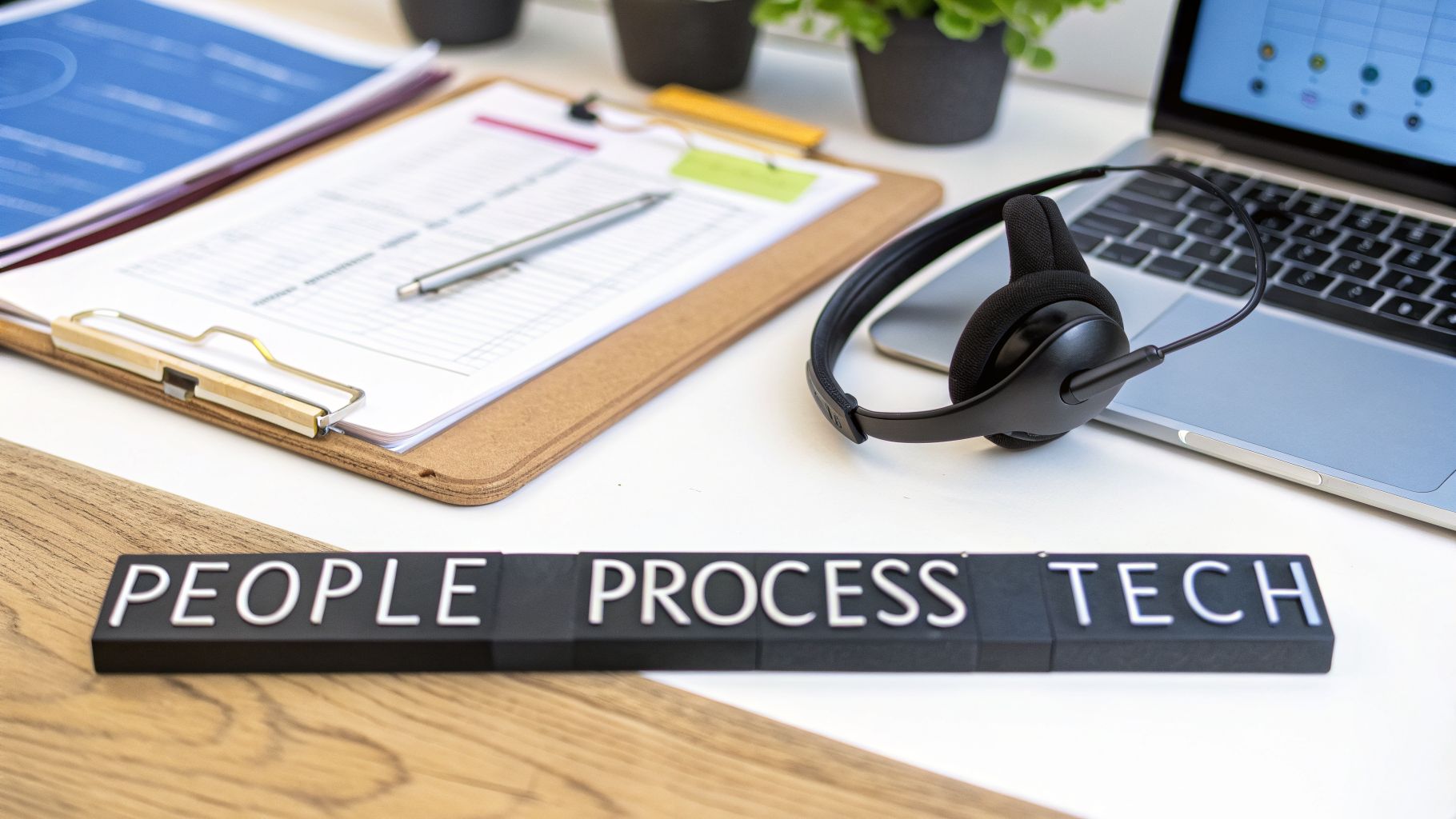 Workspace with 'PEOPLE PROCESS TECH' blocks, laptop, headphones, and a clipboard with documents.
