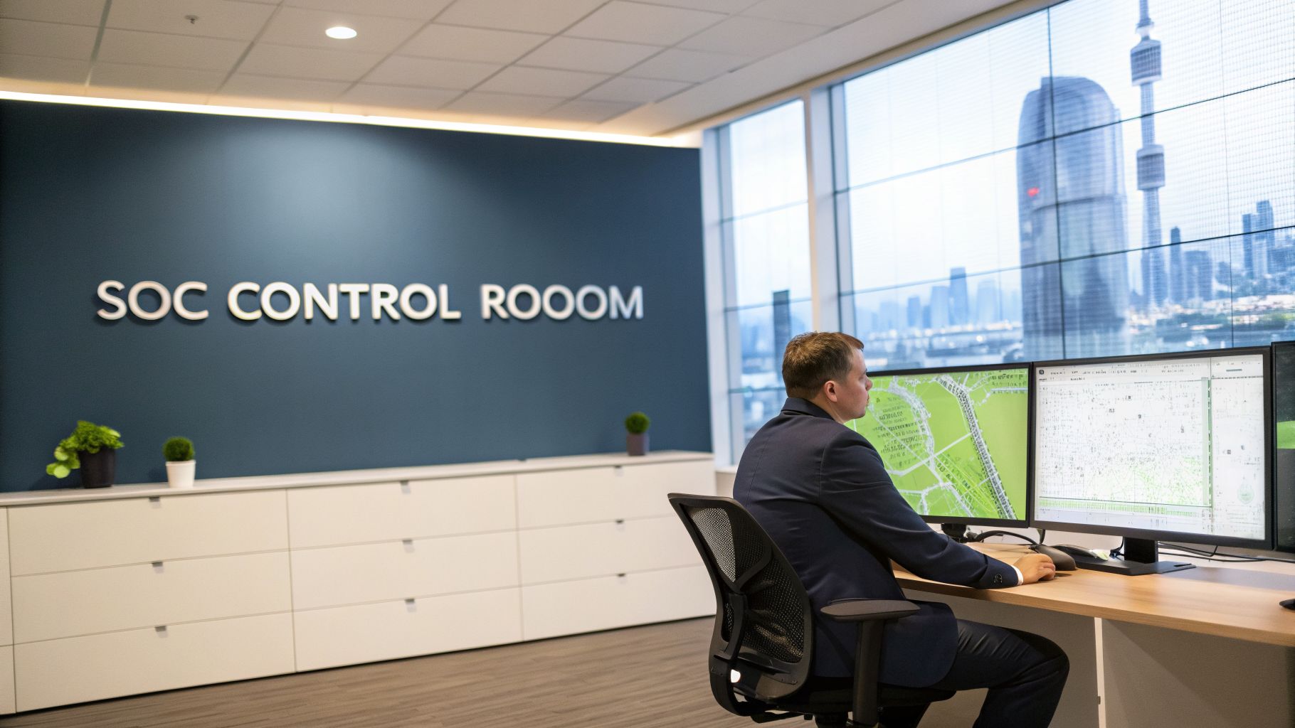 A man in a suit works at a desk with multiple monitors in a SOC control room, overlooking a city skyline.