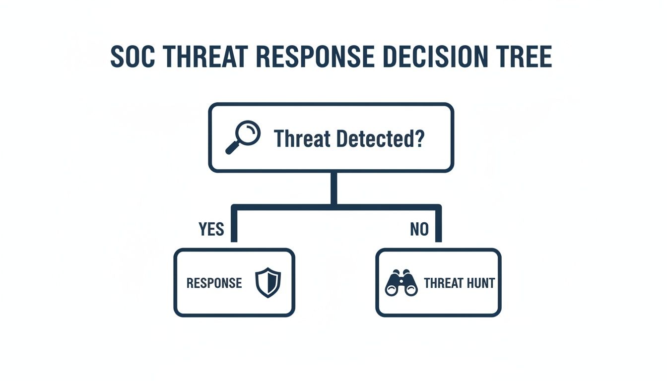 A flowchart detailing a SOC threat response decision tree, guiding actions based on threat detection.