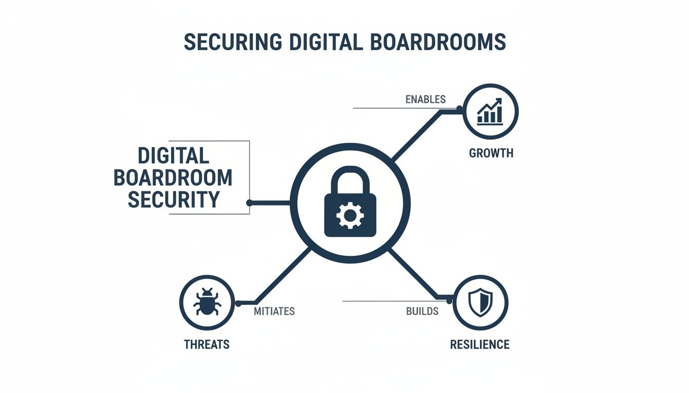 Diagram illustrating how digital boardroom security enables growth, mitigates threats, and builds resilience.