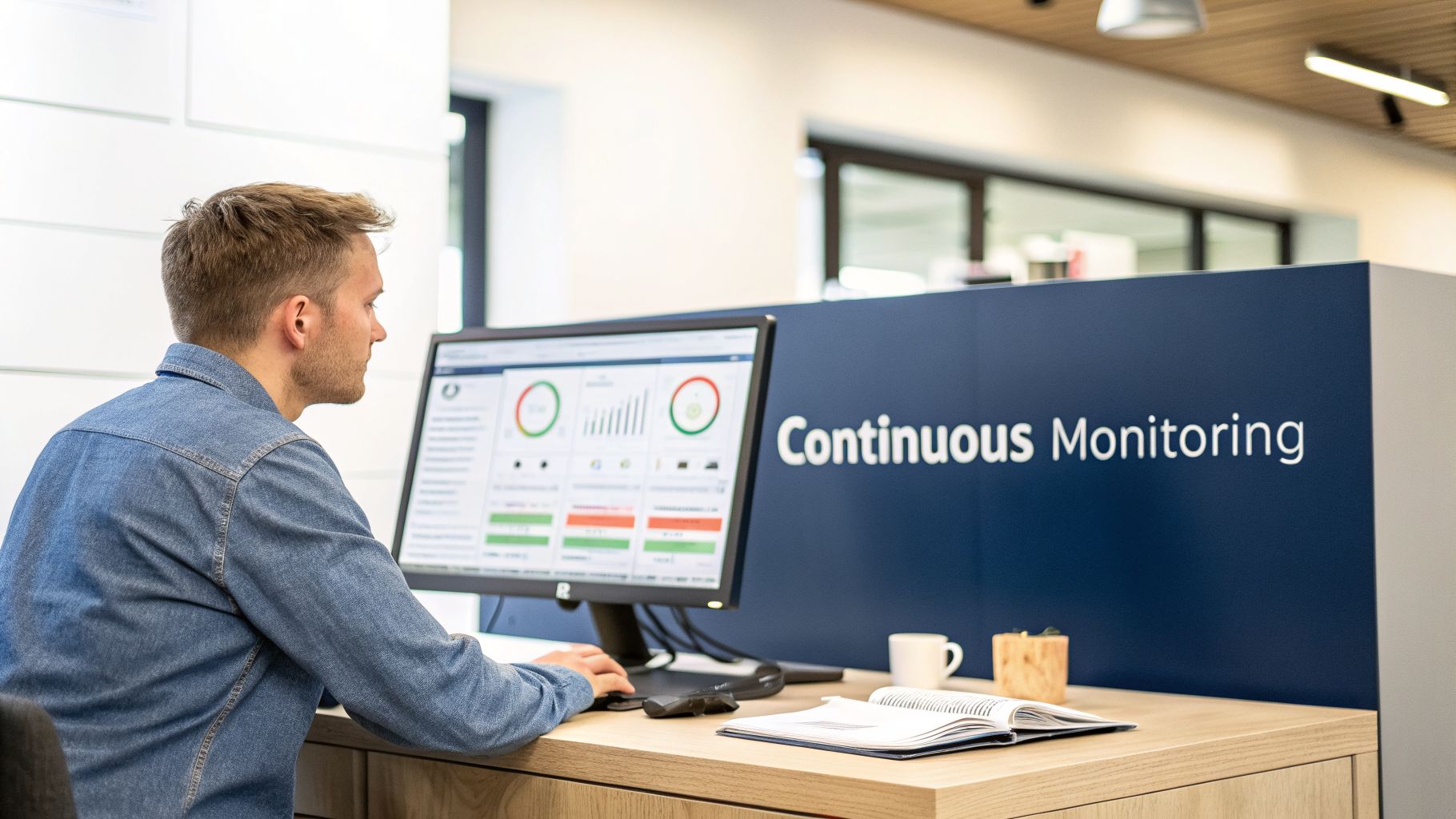 A man works at a desk, looking at a computer screen displaying data and charts with 'Continuous Monitoring' on the wall.